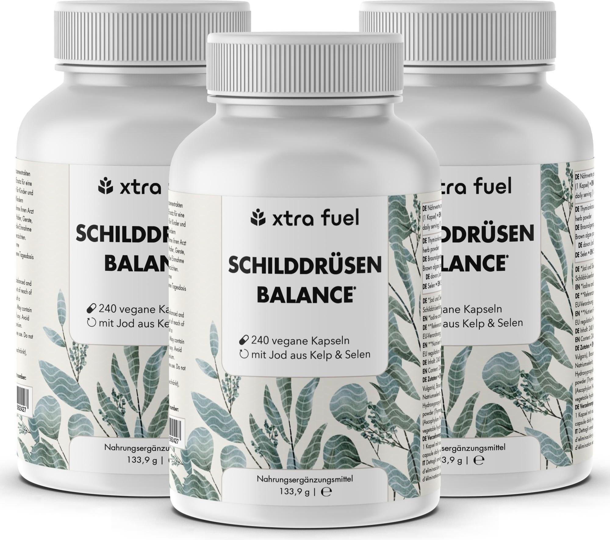 XTRA FUEL Schilddrüsen Balance - Thyro Komplex - Effektive Formel mit Kelp, Thymian & Selen – 3x Dosen (720 Schilddruesen Kapseln)