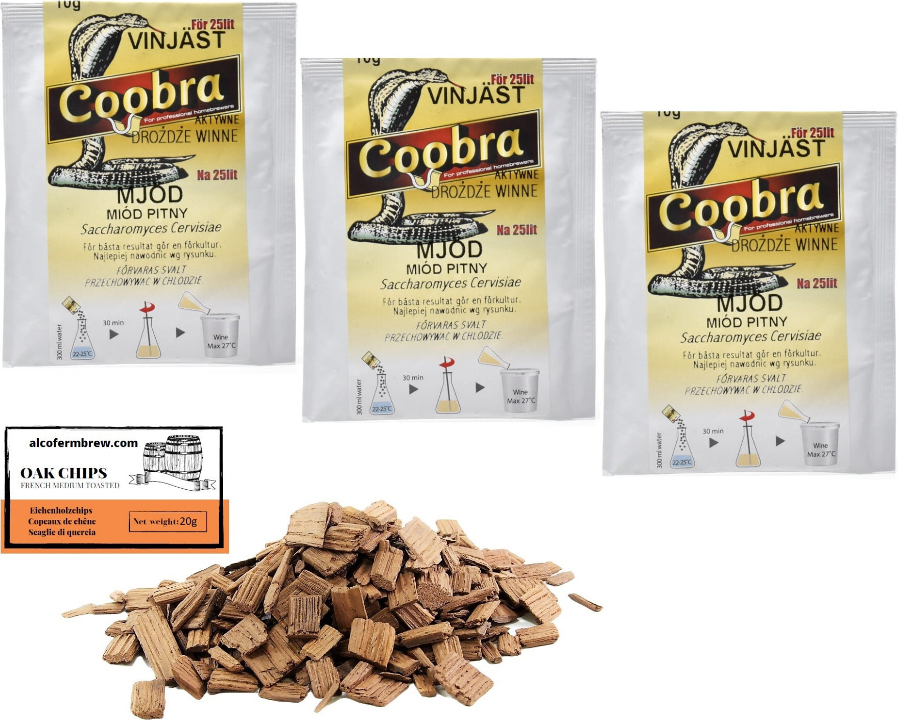 Alcofermbrew 3 x Trocken Methefe 10g/25L + Eichenholzchips, Honigwein Hefe Coobra, Weinhefe