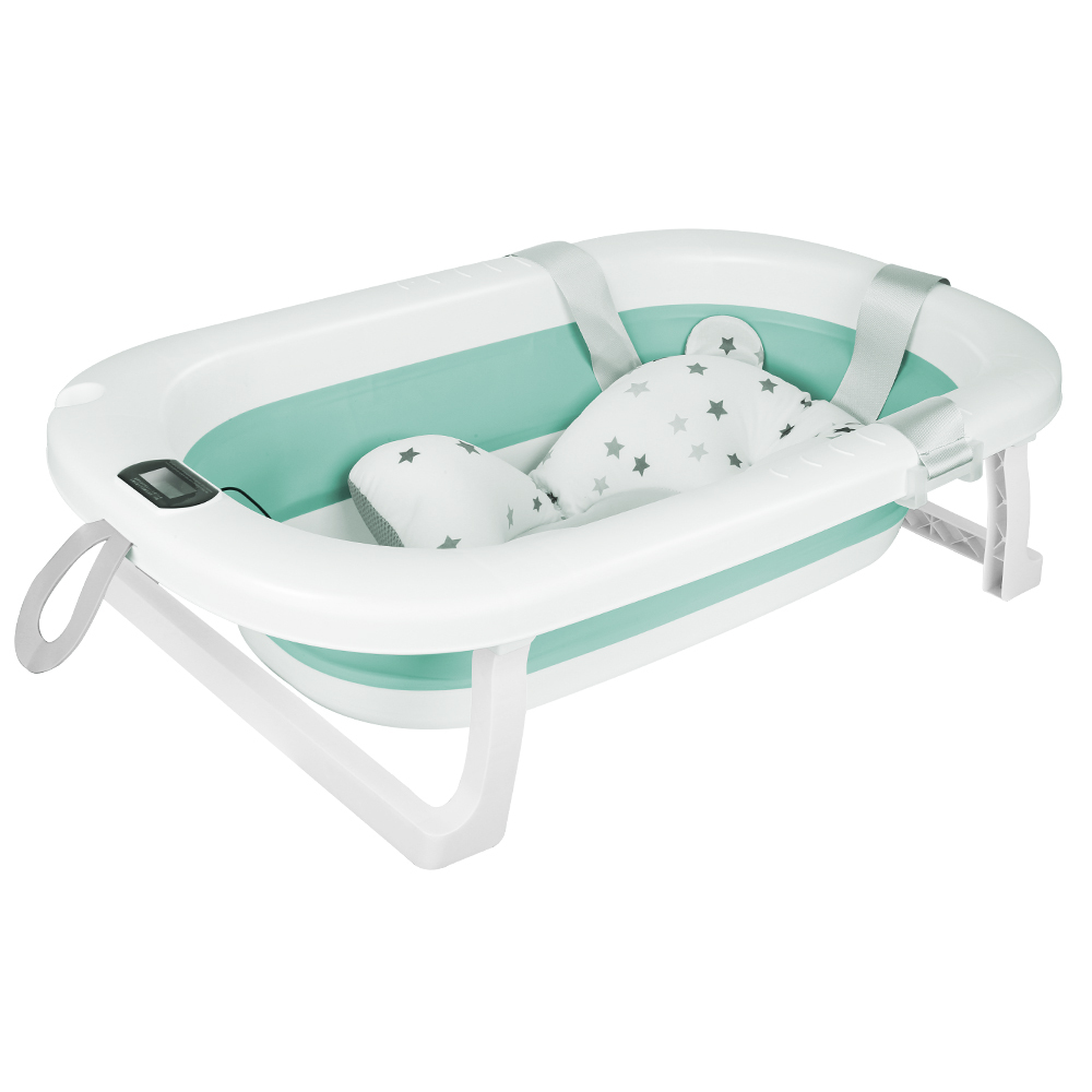 Belfoyer Baby Badewanne mit Thermometer,Groß Babybadewanne mit Sitzmatte Tragbare Reisebadewanne für Neugeborene von 0-36 Monaten 80x50x23 Grün 350306