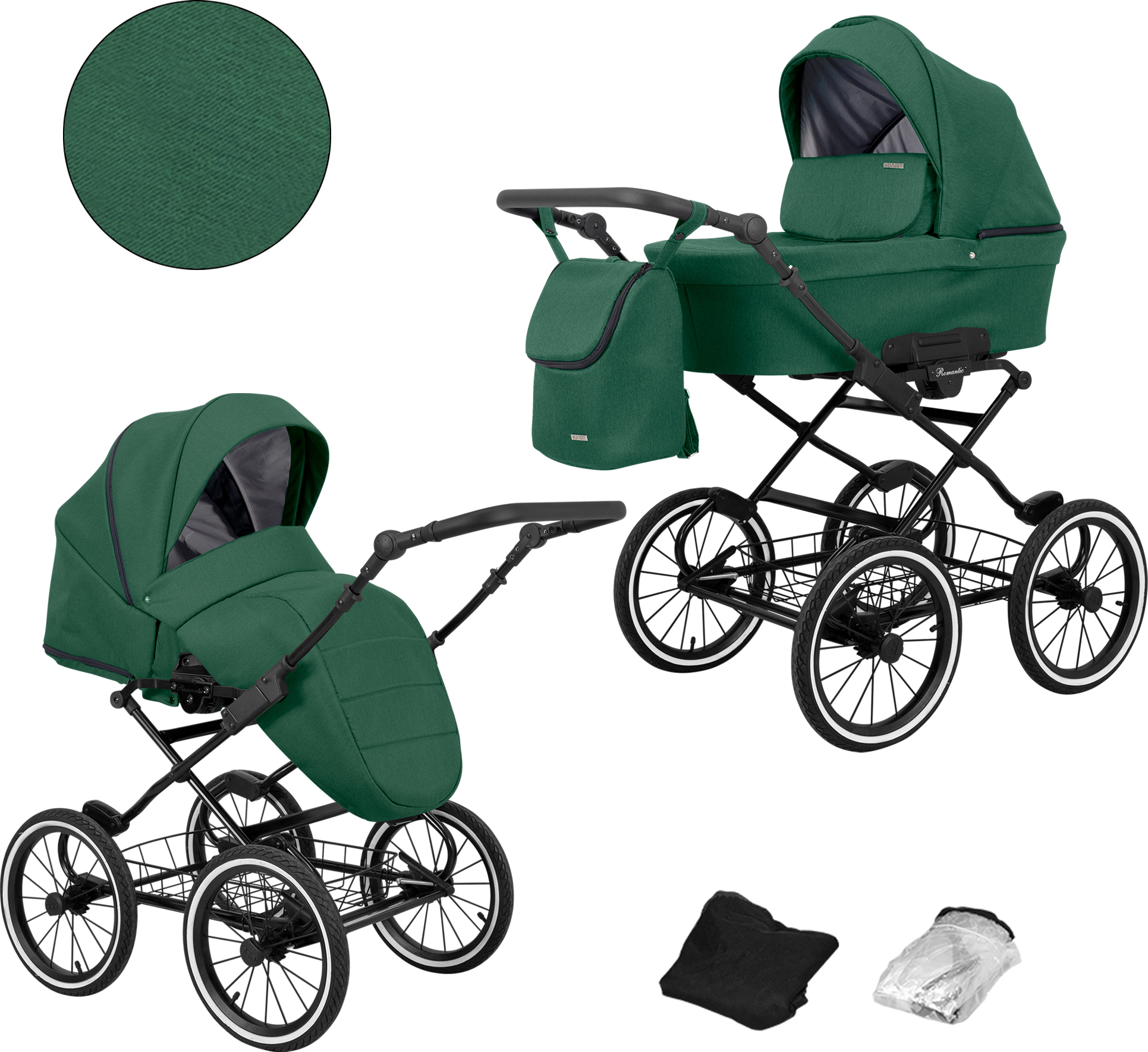 Kinderwagen ROMANTIC Sportwagen Babywagen Babyschale Komplettset Kinder Wagen Set 2 in 1 (grün, Rahmenfarbe: Schwarz)