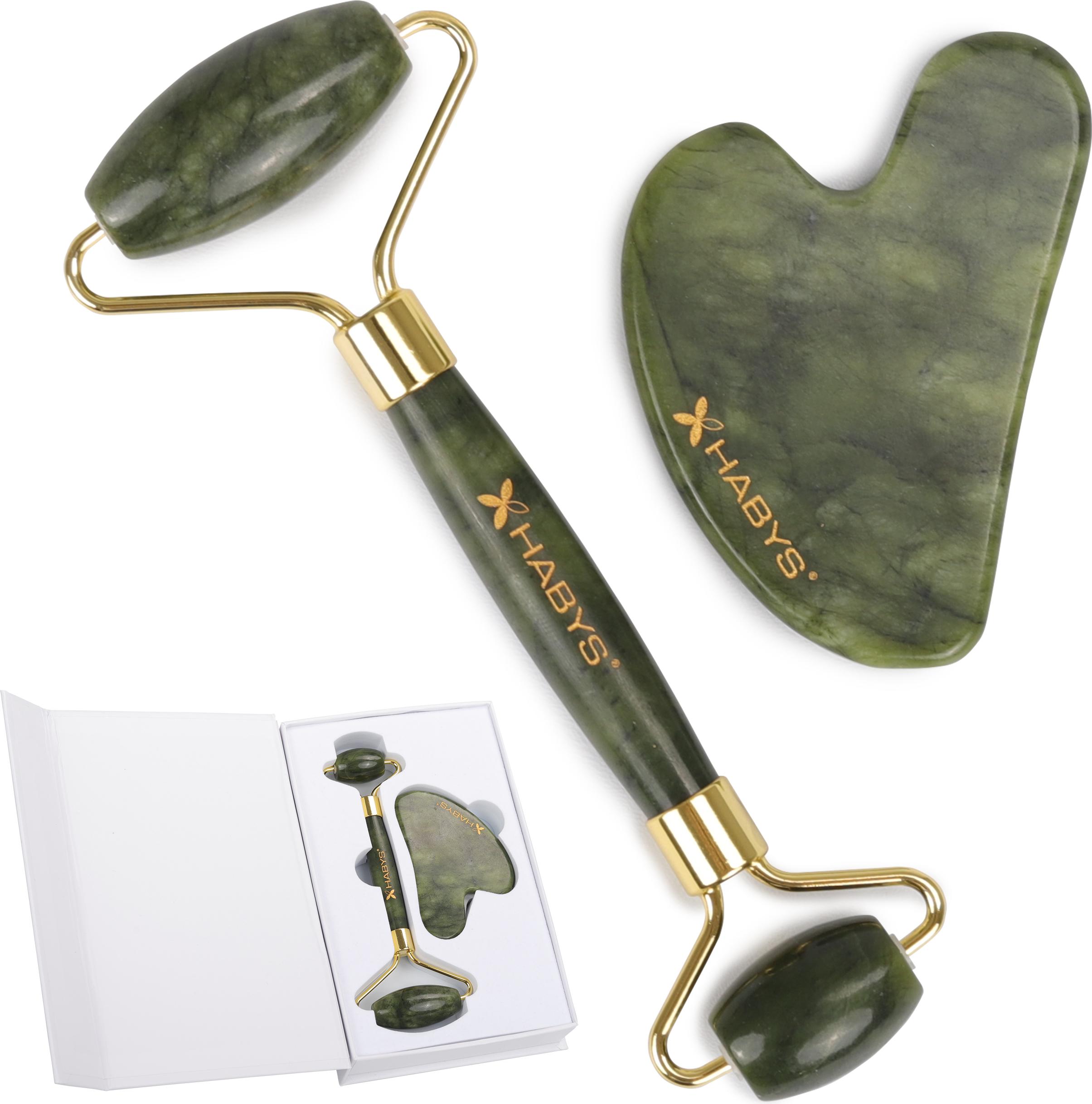 HABYS Gua Sha Massage-Set aus echtem Jade | Stein & Roller für Gesichtsmassage | Hautpflege & Anti-Aging reduziert Schwellungen & Augenringe | Geschenkbox