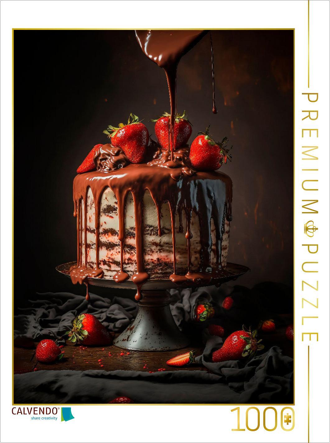 CALVENDO Puzzle Torte mit weißer Schokolade und Erdbeeren, mit Vollmilchschokolade überzogen | 1000 Teile Lege-Größe 64x48cm Foto-Puzzle für glückliche Stunden