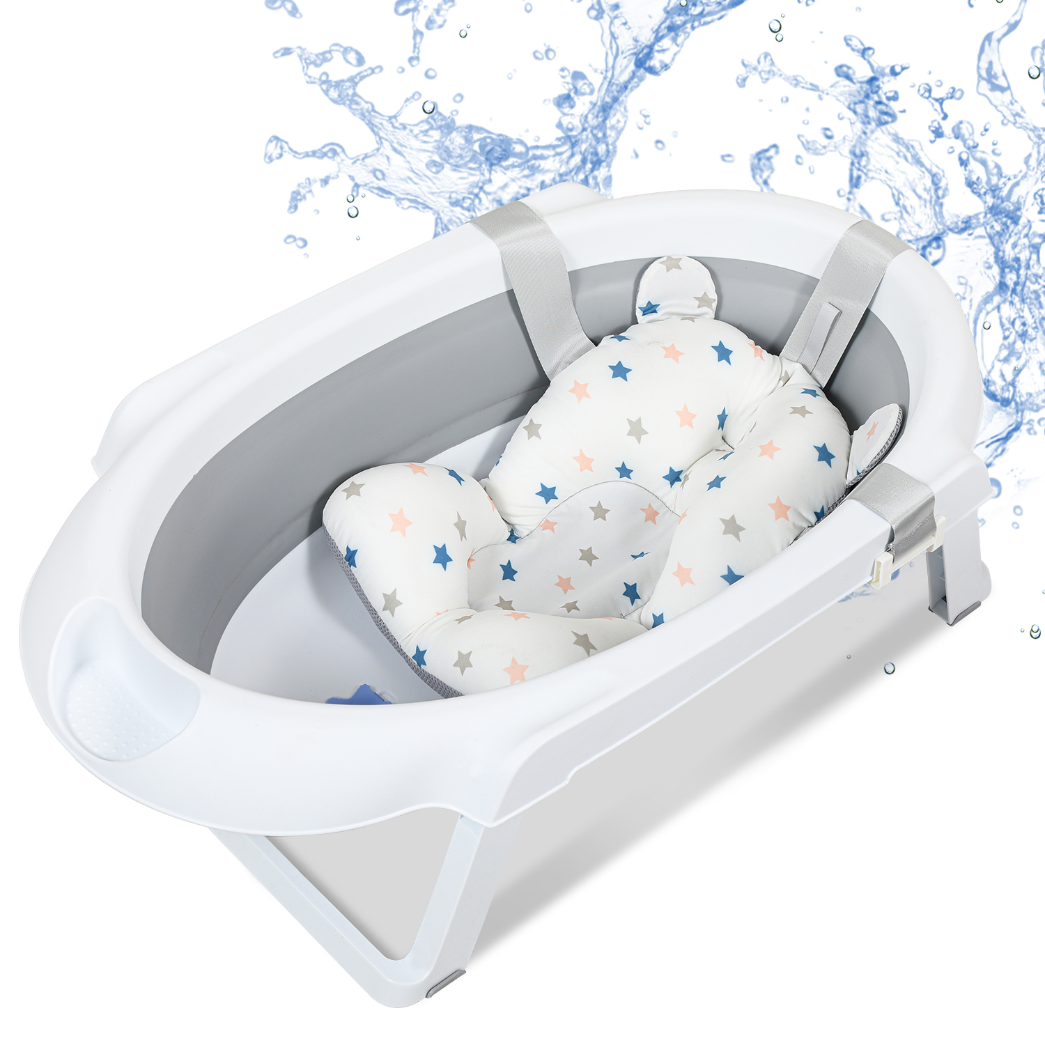 TolleTour Babybadewanne mit Gestell 85cm - Baby Badewanne Faltbar mit Badekissen - Babywanne mit Ständer Sicher für Ihr Baby - Babybadewanne Neugeborene RL-BB9666-1-HESb