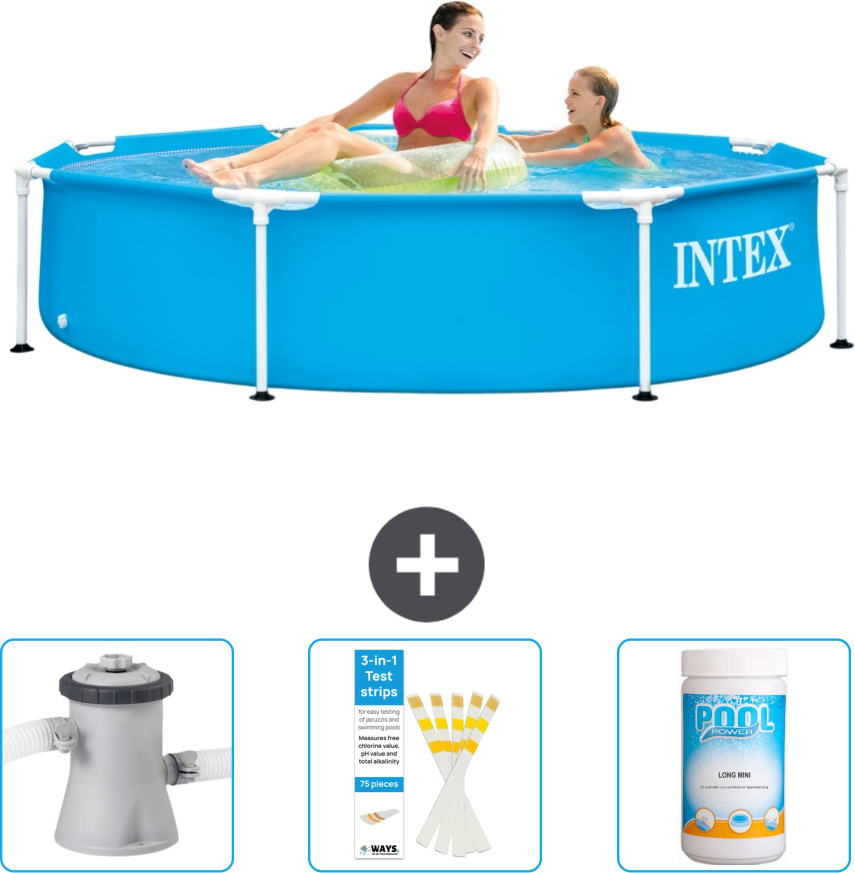 Bazén Intex s okrúhlym rámom - 244 x 51 cm - Modrý - Súčasťou dodávky je filtračné čerpadlo pre bazén - Testovacie prúžky - Chlór