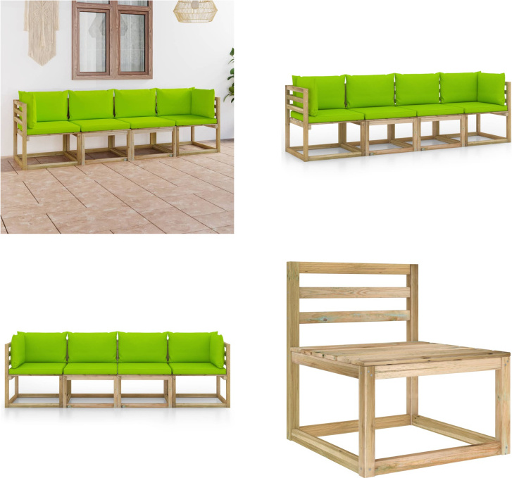 vidaXL Záhradná pohovka 4-miestna s vankúšmi v svetlozelenej farbe - Záhradná pohovka - Drevená pohovka - 4-miestna záhradná pohovka