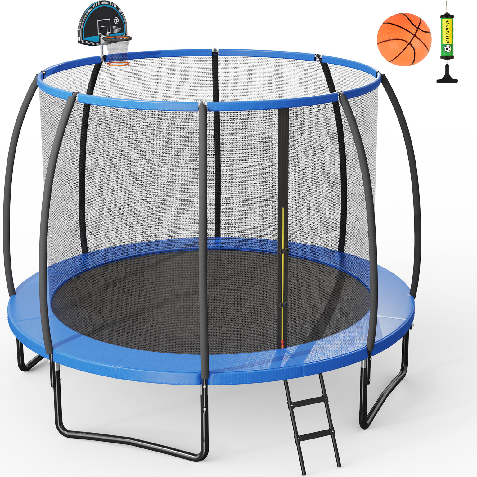 COSTWAY φ305 cm vonkajšia trampolína, záhradná trampolína s rebríkom, kompletná trampolínová súprava s basketbalovým košom, podložkou na skákanie, bezpečnostnou sieťou a krytom okrajov