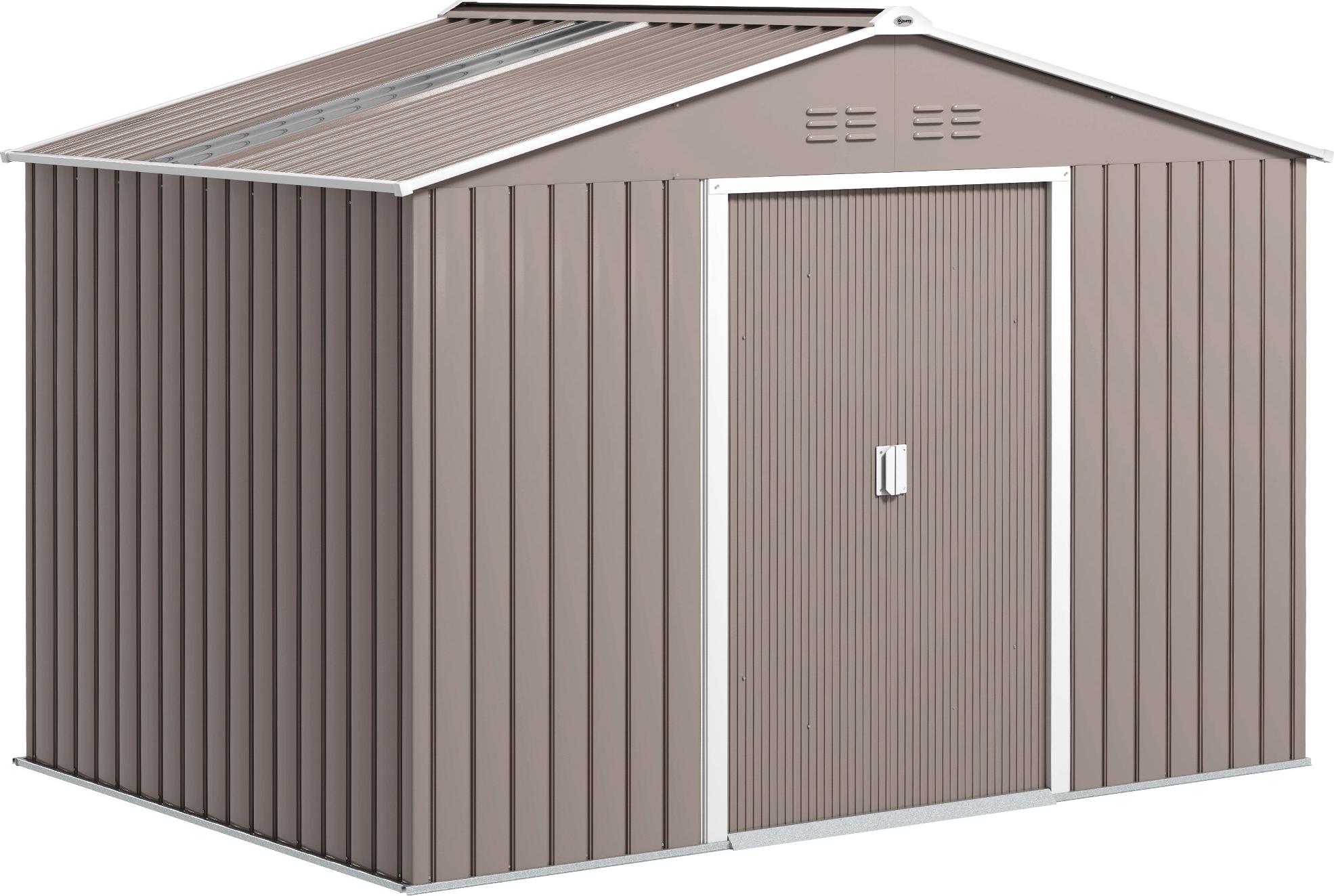 Metall Geräteschuppen mit Schiebetüren, Belüftungsfenstern, 277x195x192cm, hellgrau, Gartenhaus, wetterfest, Stauraum