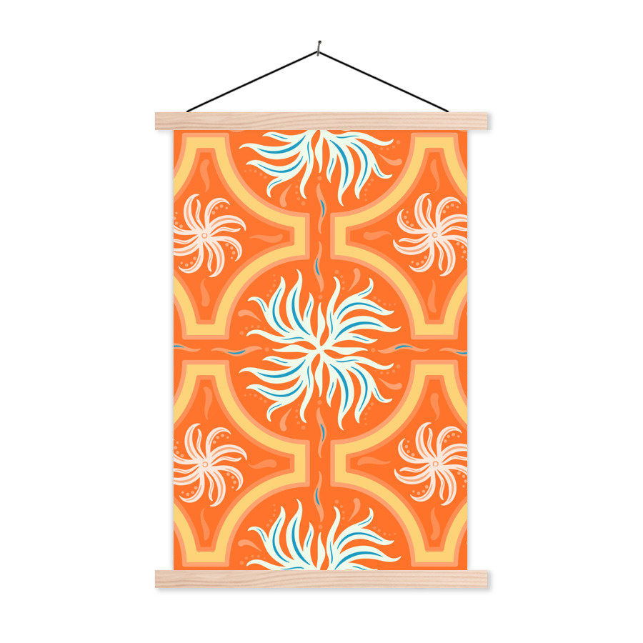 MuchoWow Textilposter - Blumen - Blätter - Orange - Muster - 60x90 cm - mit holzfarbenen Rahmen