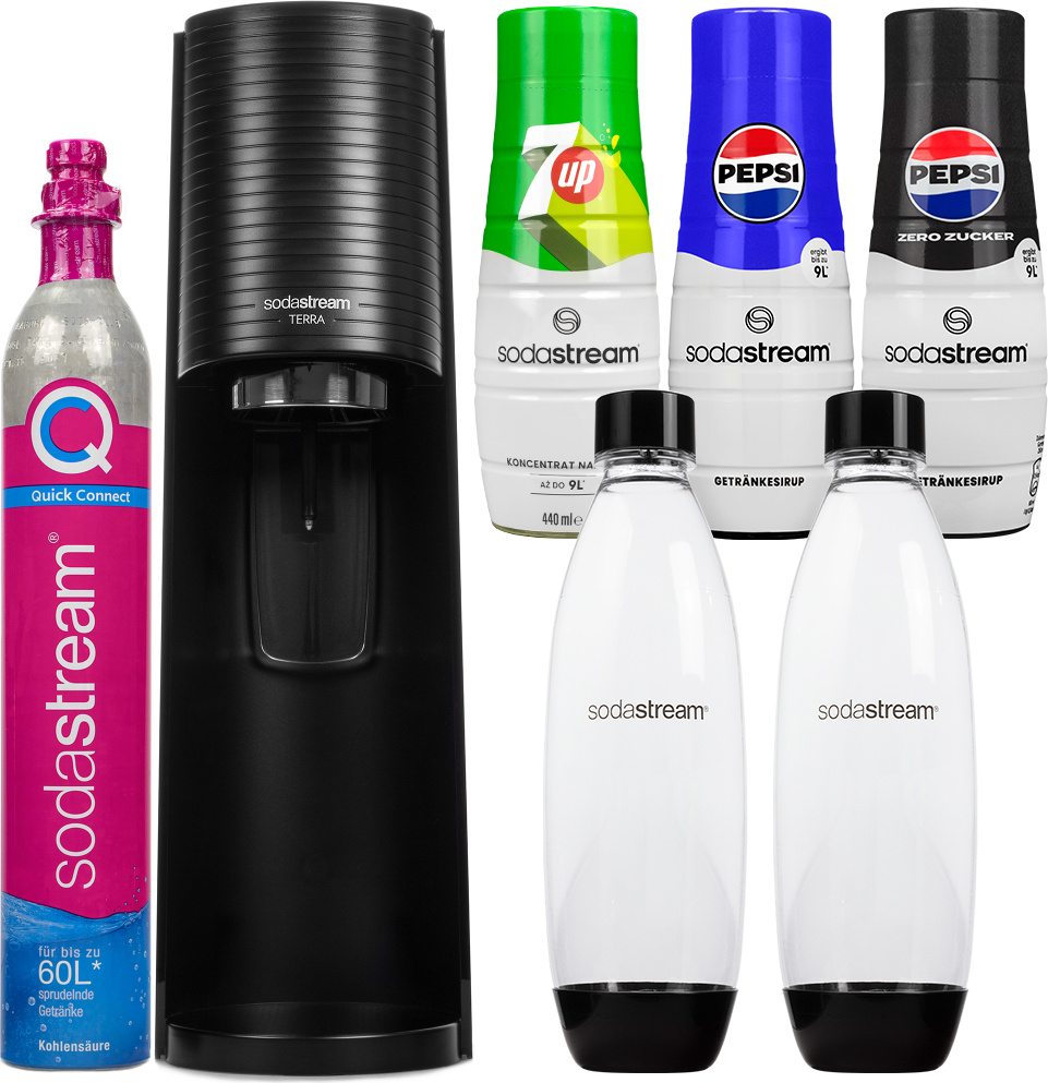 Výrobník perlivej vody Sodastream Terra Black Set s 2 fľašami a sirupmi
