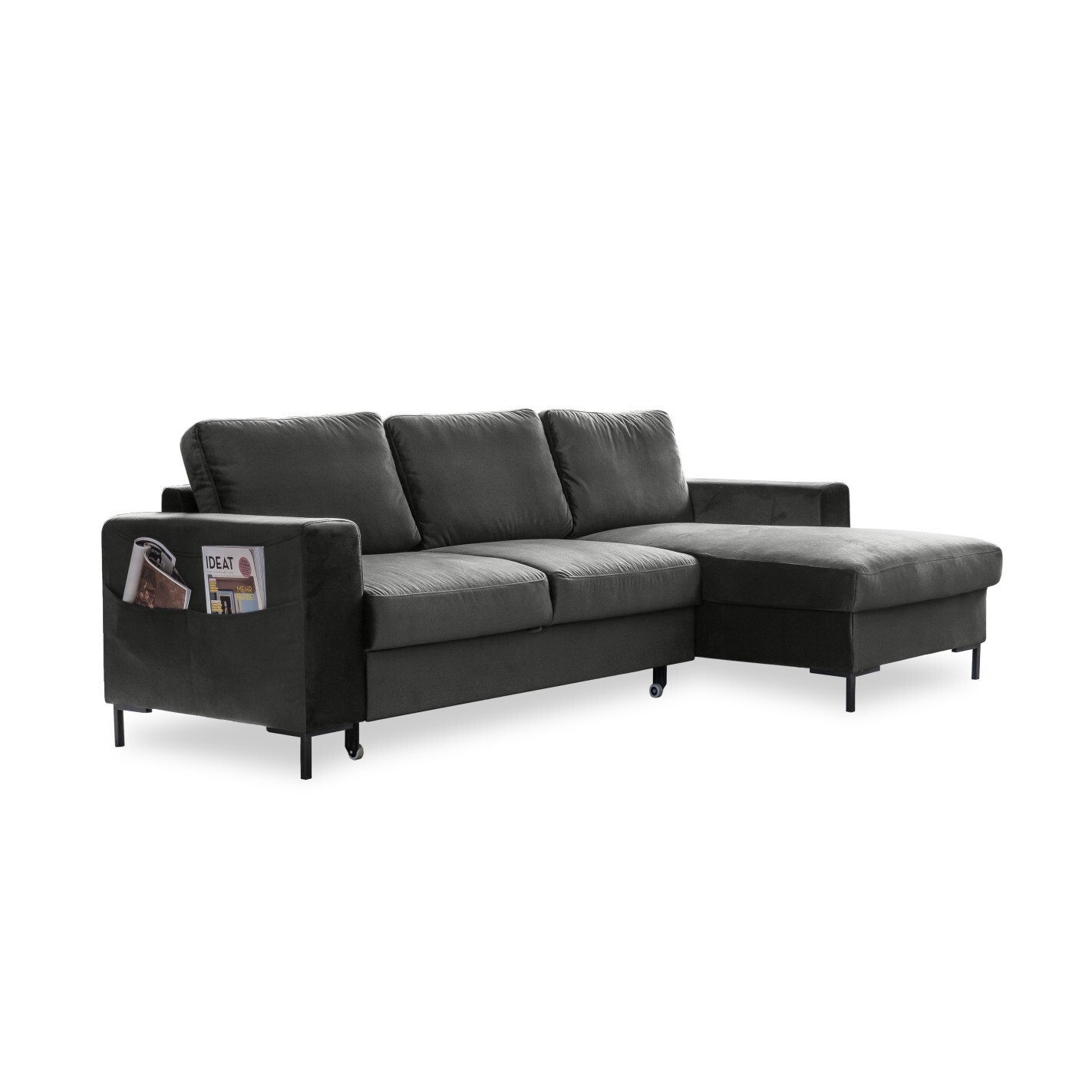 Ecksofa Lofty Lilly mit Bettfunktion Velours KRO-34 Dunkelgrau Ausrichtung Rechts