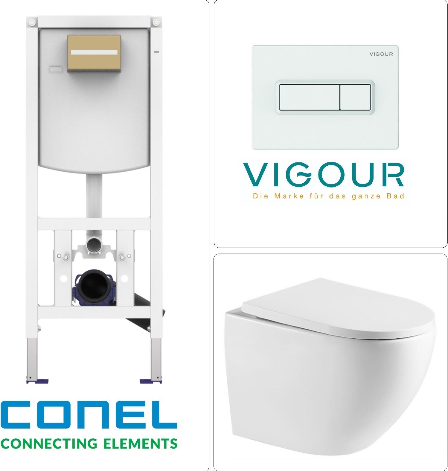 Wand-WC mit Tornado-Spülung, SoftClose WC-Sitz und CONEL WC Vorwandelement mit VIGOUR TEES Betätigungsplatte, weiß