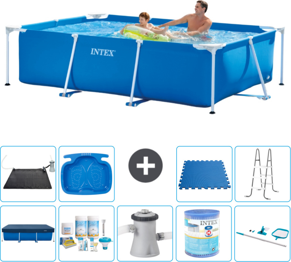 Bazén Intex s obdĺžnikovým rámom - 260 x 160 x 65 cm - modrý - obsahuje kryt - balík na údržbu - filtračné čerpadlo pre bazén - filter - čistiaca súprava - solárna podložka