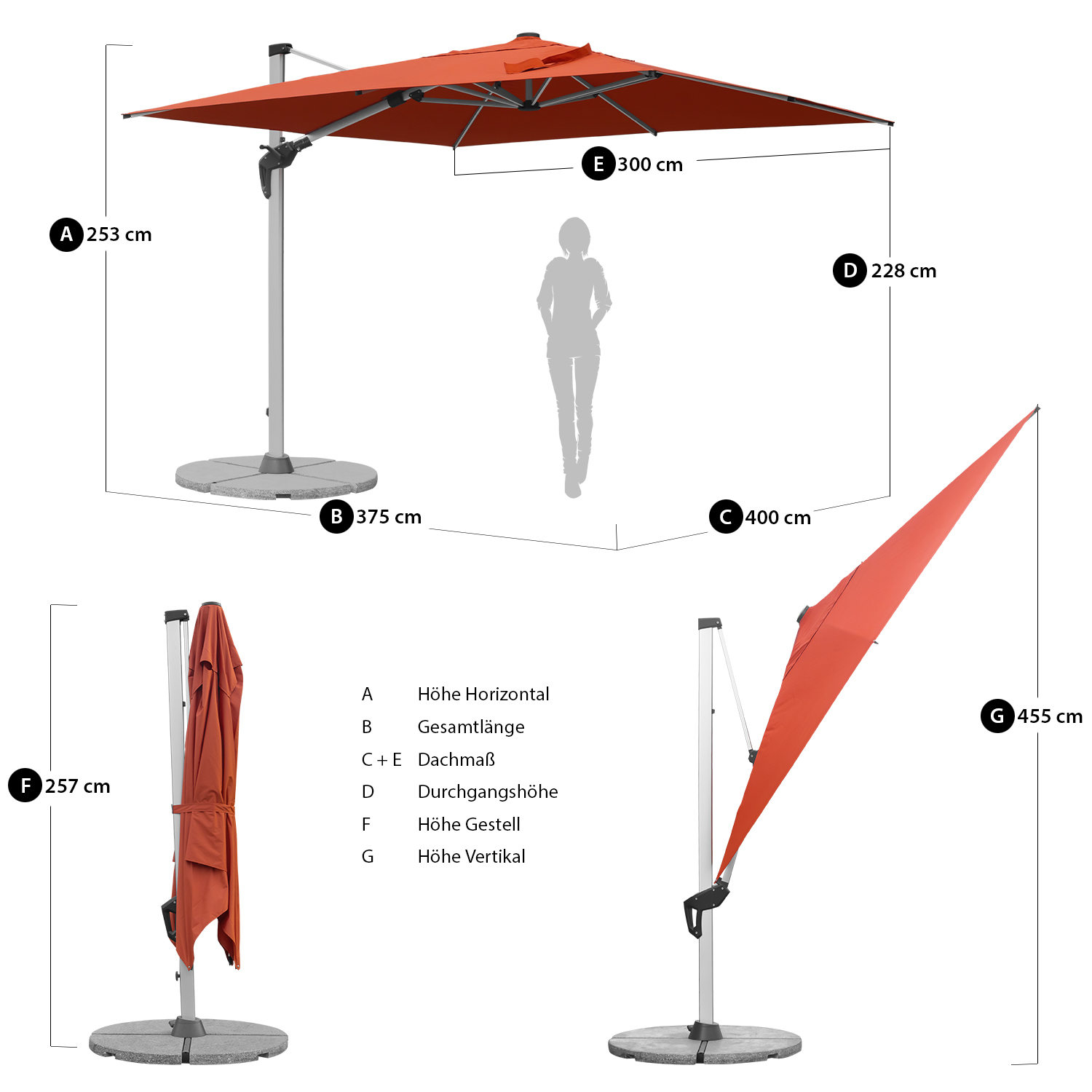 anndora Ampelschirm Aluminium terrakotta 3x4m quadratisch - 360º drehbar - komplett schwenkbar neigbar - inklusive Betonplattenständer - mit Betonplatten | Terracotta Rot MYT-3040701_Bdl1