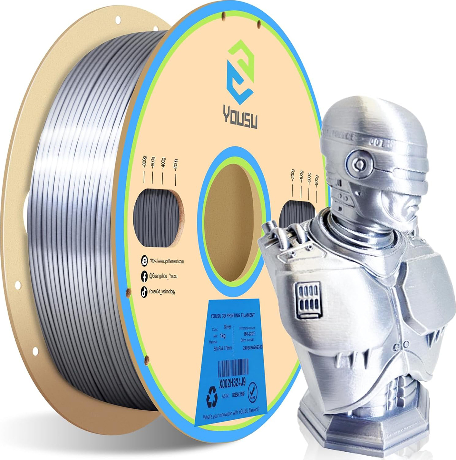 Aibecy YOUSU 3D-Drucker PLA-Filament 1kg Silber 1,75 mm, Maßgenauigkeit +/- 0,03 mm, 3D-Druckmaterial-Spule