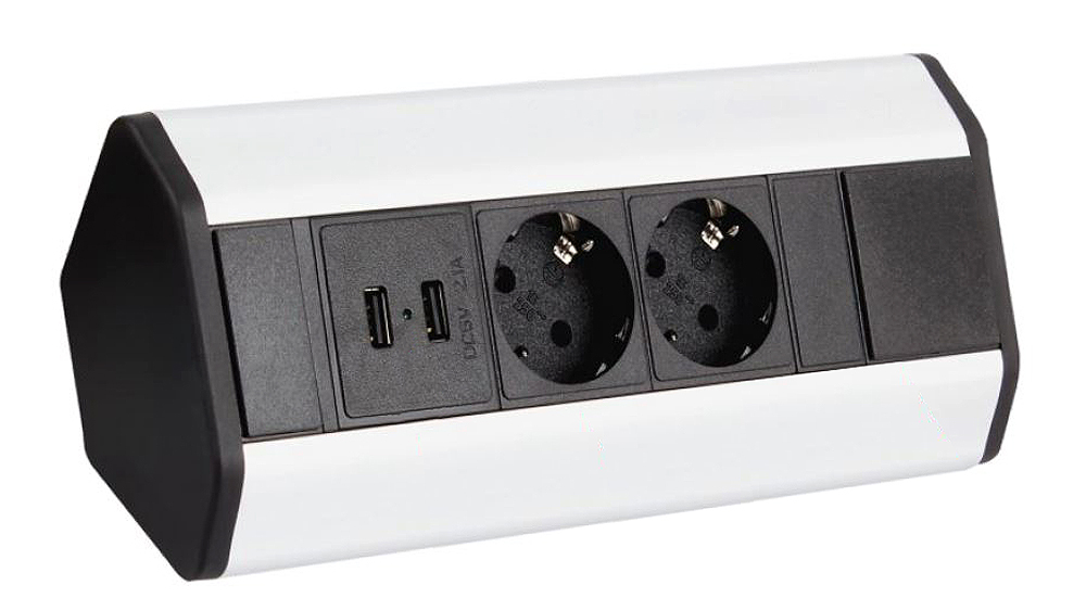 Design Light DesignLight CORNERBOX Aluminium SchuKo 2-fach mit USB Steckdose 2-fach / Ecksteckdose / Mehrfachsteckdose CORNERBOX-ALU-2DE-U