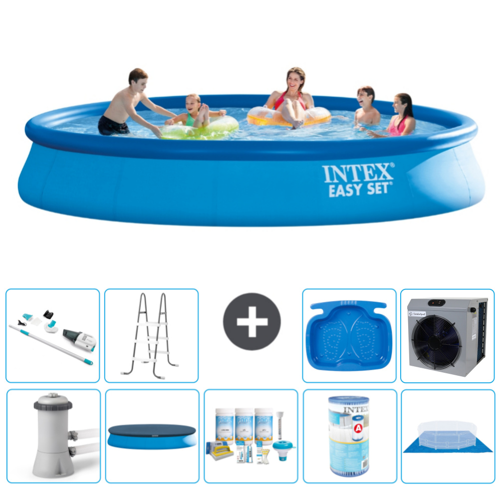 Okrúhly nafukovací bazén Intex Easy Set - 457 x 84 cm - modrý - vrátane krytu čerpadla - balík na údržbu - filter - podložka - vysávač - rebrík