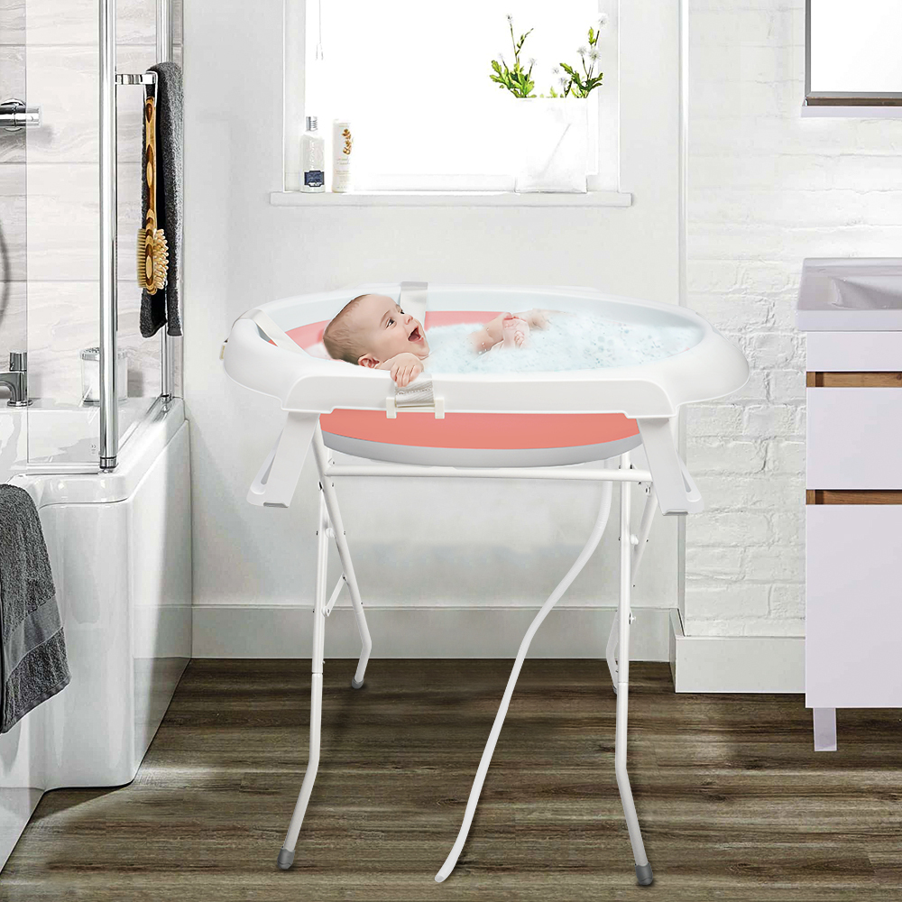 Belfoyer 2in 1 Babybadewanne mit Gestell 80cm,Baby Badewanne Faltbar mit Badematte für Baby 0-12 Jahre,Neugeborene Babybadewanne 80x47x84.5cm Rosa 350298