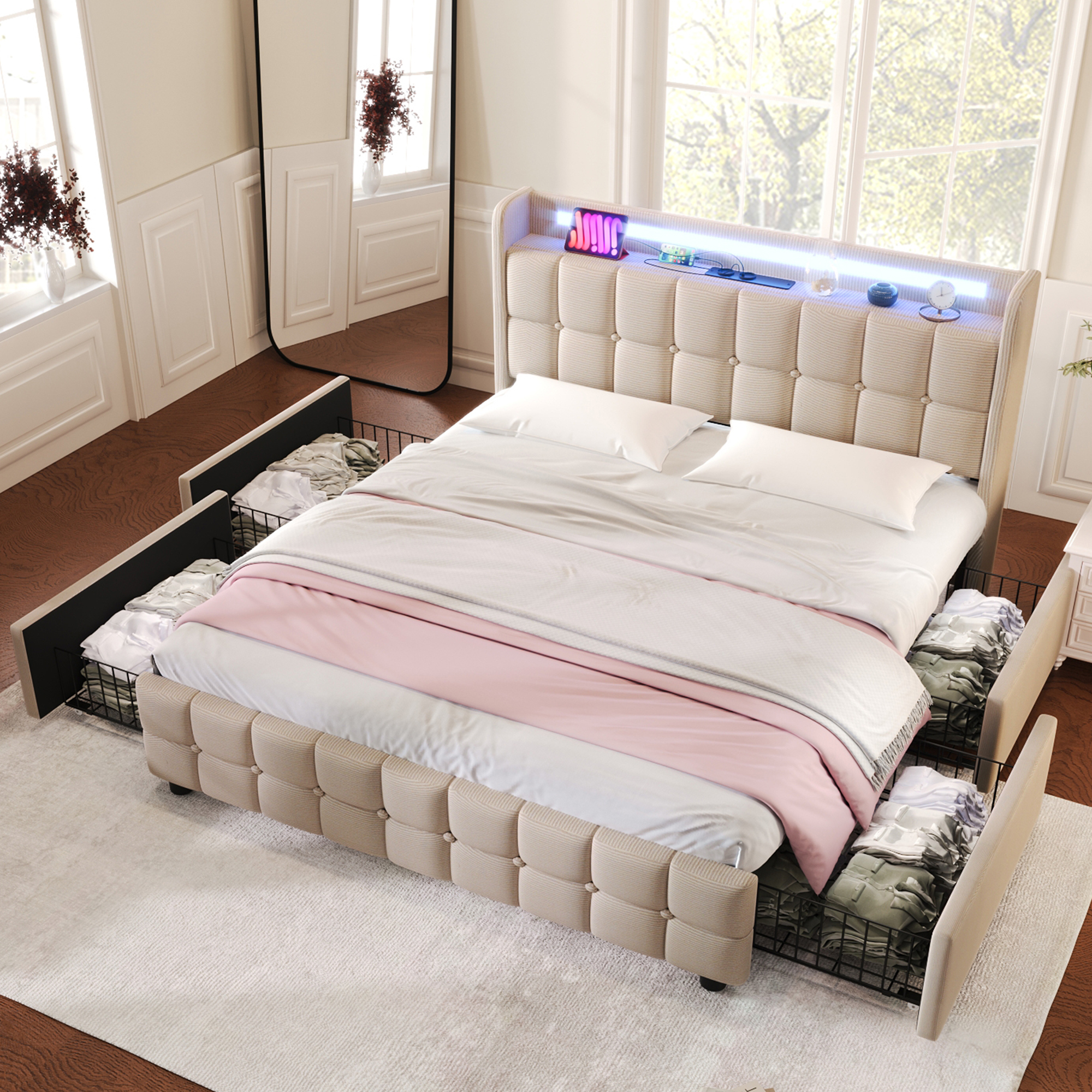 Ulife Polsterbett mit USB & LED, holzerner Lattenrost, 4 Schubladen,Ohne Matratze, Beige, 160x200cm