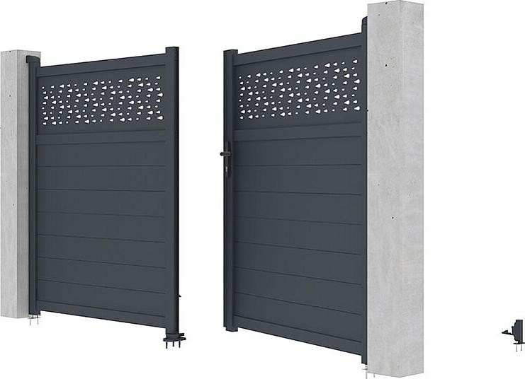 Vente-unique Elektrisches Flügeltor halbvoll aus anthrazitfarbenem Aluminium mit Muster B 355 x H 182 cm - BAZIO