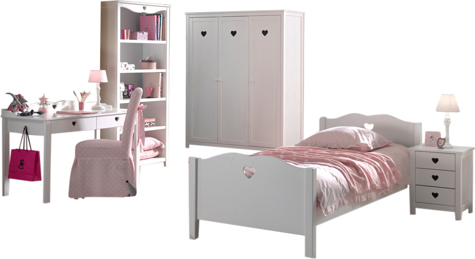 Vipack Diese Amori-Kombination besteht aus einem Amori-Bett 90x200 cm mit Lattenrost, einem Amori-Nachttisch, einem Amori-Kleiderschrank mit 3 Türen, einem Amori-Schreibtisch und einem Amori-Bücherregal.