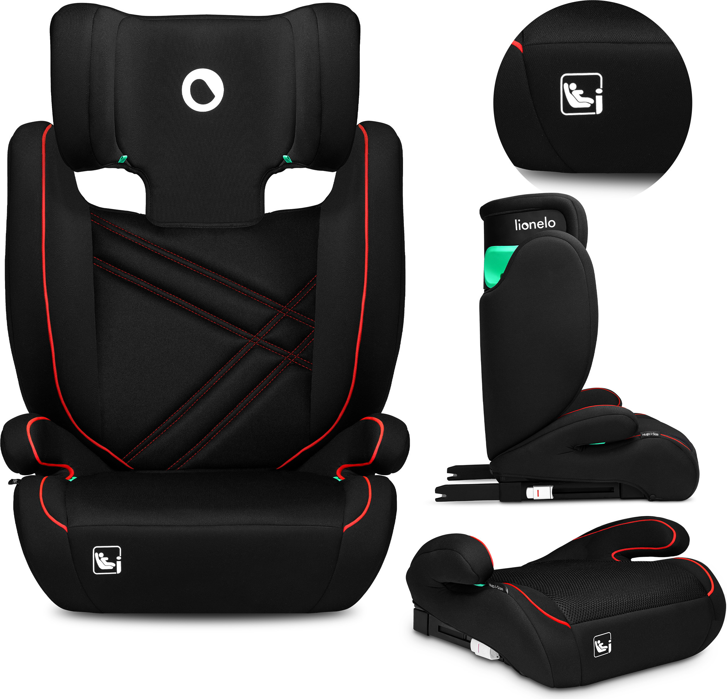 Detská autosedačka Lionelo Hugo I-Size od 4 do 12 rokov, od 15 kg do 36 kg, i-Size ISOFIX alebo bezpečnostné pásy - Sporty Black Red