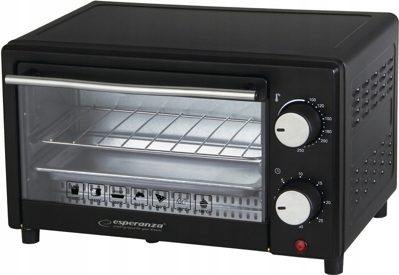 Esperanza Calzone Mini Oven 10L 900W Schwarz Timer 250°C Zubehörsatz BELLA-0382