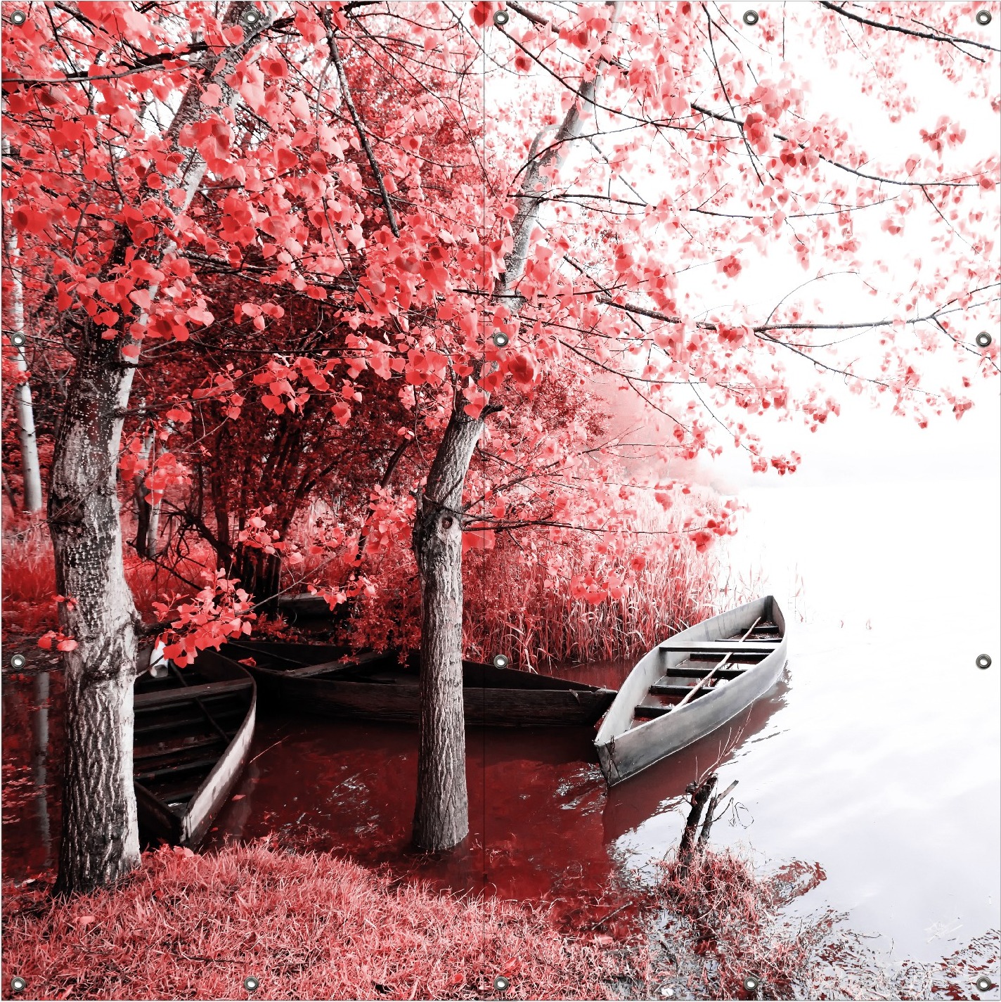 Wallario Outdoor-Poster für Garten oder Balkon, Motiv Romantische Bootsanlegestelle in rot-weiß, in ca. 180 x 180 cm goban0080-180180