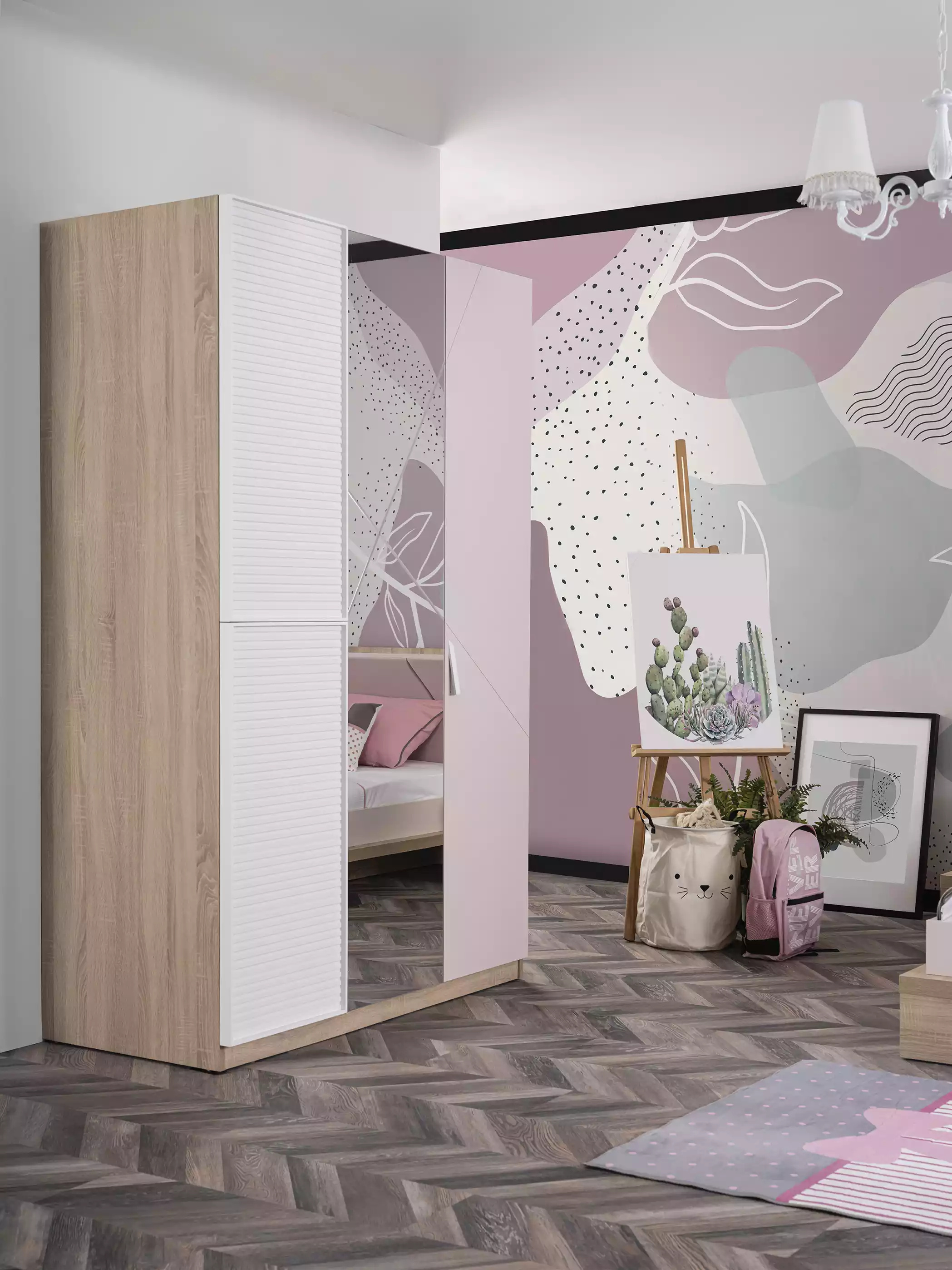 AEA Moderner Kinderzimmer Kleiderschrank Dreitürig Holzmöbel Spiegelschrank JVM4069424201239