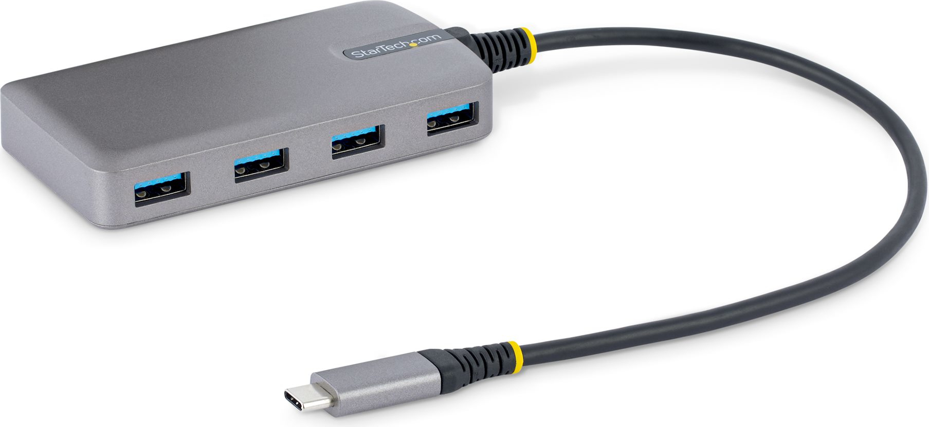 StarTech.com 4-portový rozbočovač USB-C, USB 3.0 5Gb/s, napájaný zo zbernice, rozbočovač USB typu C na 4x USB-A s voliteľným vstupom pomocného napájania, prenosný rozbočovač USB na pracovný stôl/notebook s 1ft (30cm) pripojeným káblom
