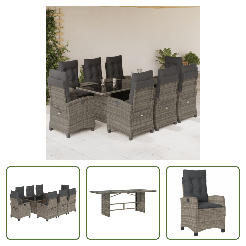 The Living Store 9-dielny záhradný jedálenský set s vankúšmi sivý polyratan