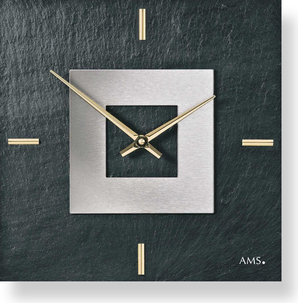 AMS 9525 Wanduhr Quarz Schiefer Naturschiefer mit Aluminium Schieferuhr 47549