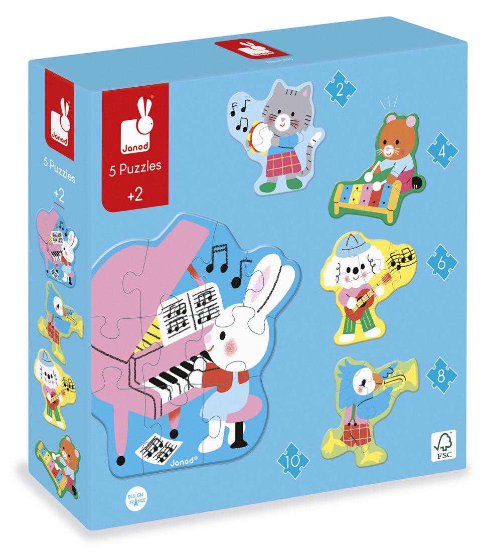 Janod Puzzle - Musik Tiere - 5 Formate Kartonpuzzles für Kinder 2488