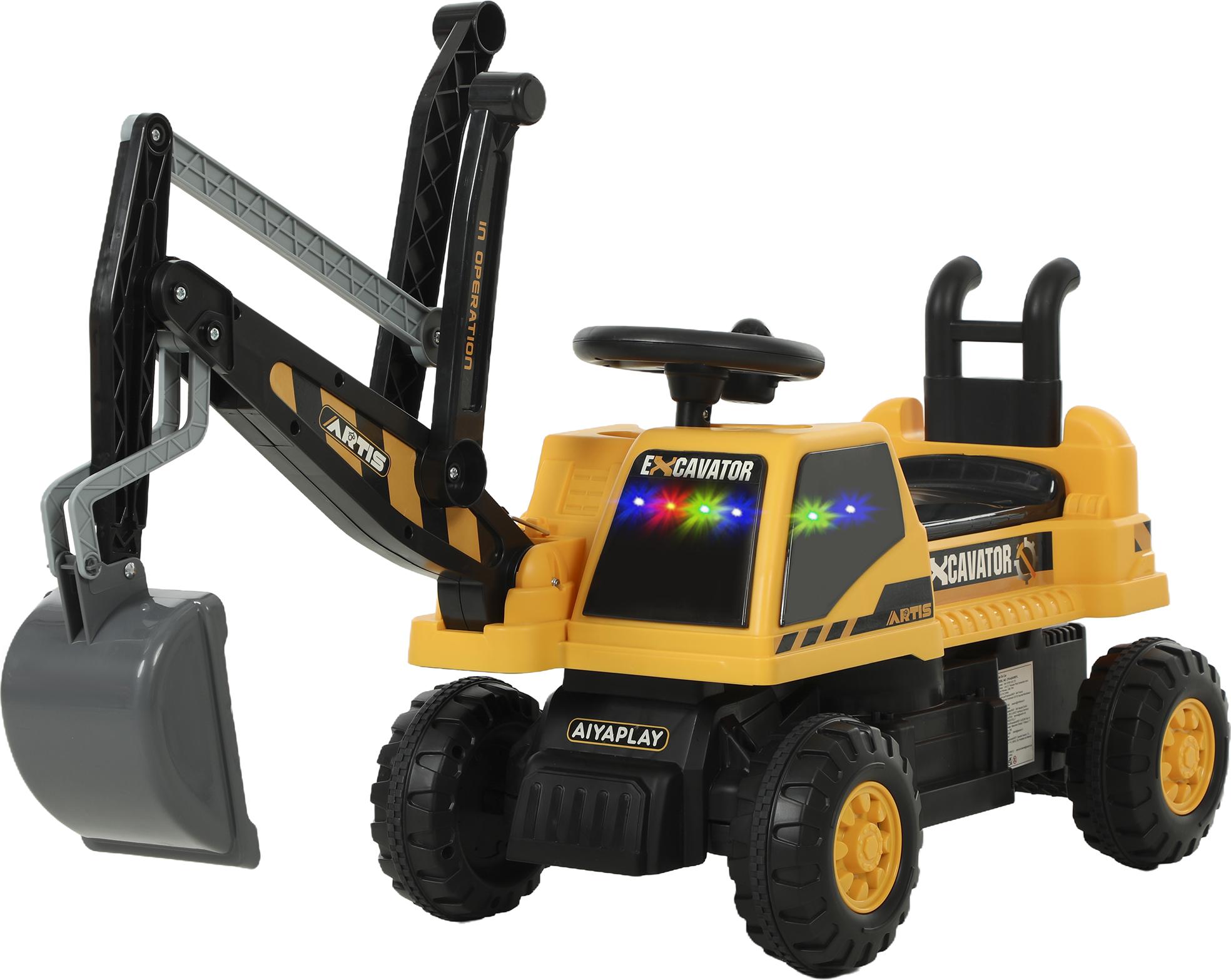 AIYAPLAY Sitzbagger Aufsitzbagger mit Schaufel Lenkrad Kinderbagger mit drehbar Aufbau verstellbar Rückenlehne Rutschauto Spielzeugbagger zum Sitzen bis 25kg, Draufsitzen für Kinder 1,5-3 Jahre Gelb 370-424V00YL