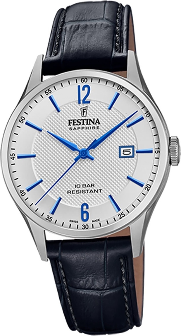 Pánske kožené hodinky Festina F20007/2 náramkové hodinky čierne Swiss Made D2UF20007/2