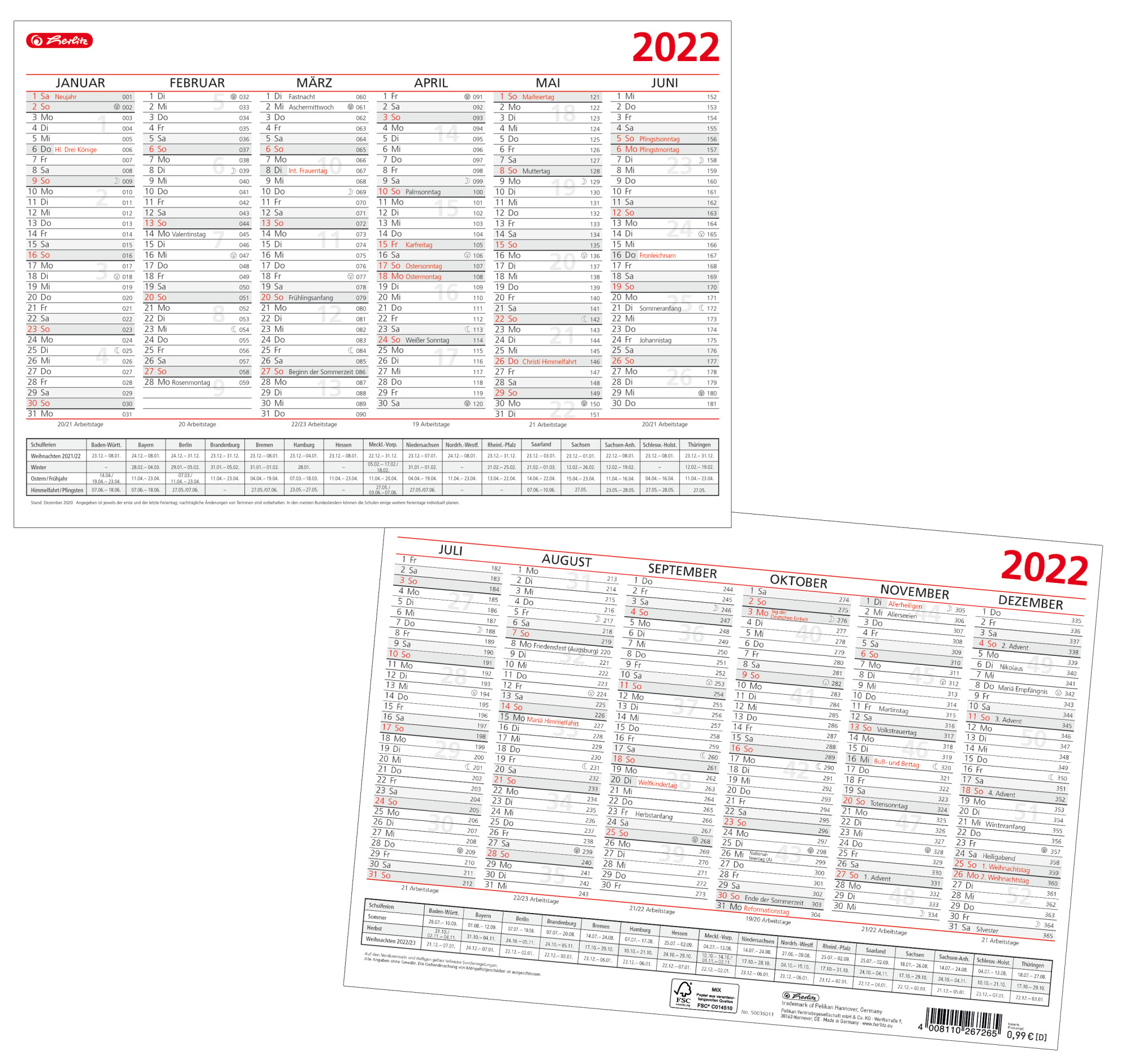 itenga Jahresplaner Kalender 2022 Tafelkalender Wandkalender DINA5 1Seite 6Monat