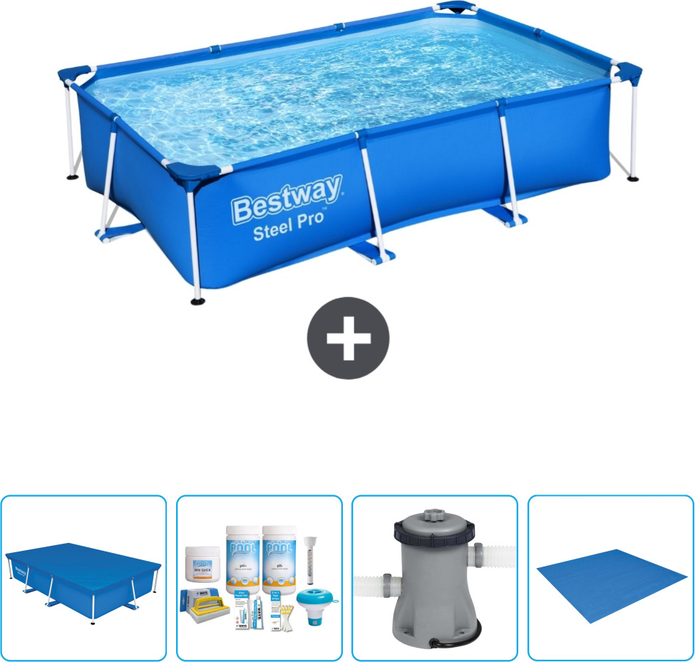 Obdĺžnikový bazén Bestway Steel Pro - 259 x 170 x 61 cm - modrý - vrátane krytu - balík na údržbu - čerpadlo - krycia plachta
