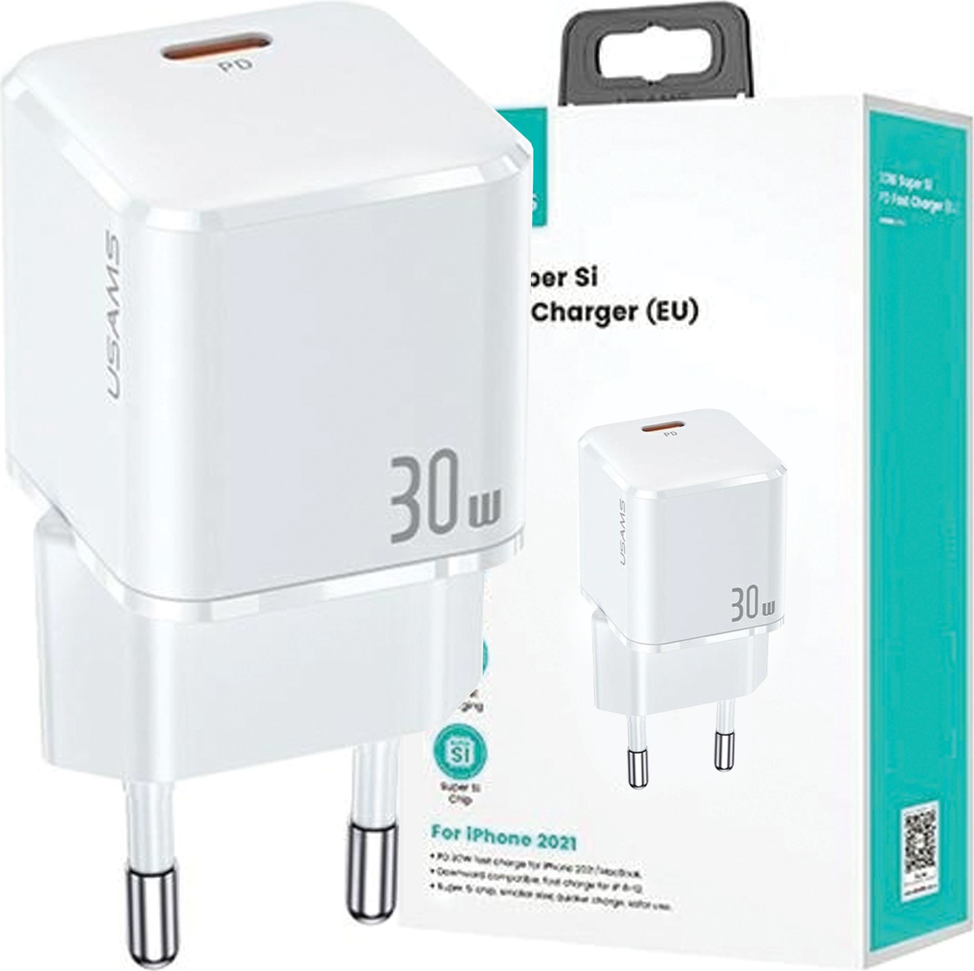 Usams Lad. Siete. 1Xusb-C T45 Mini 30W (Iba Hlava) Pd3.0 Rýchle Nabíjanie Biela/Biela Cc148Tc02 (Us-Cc148)