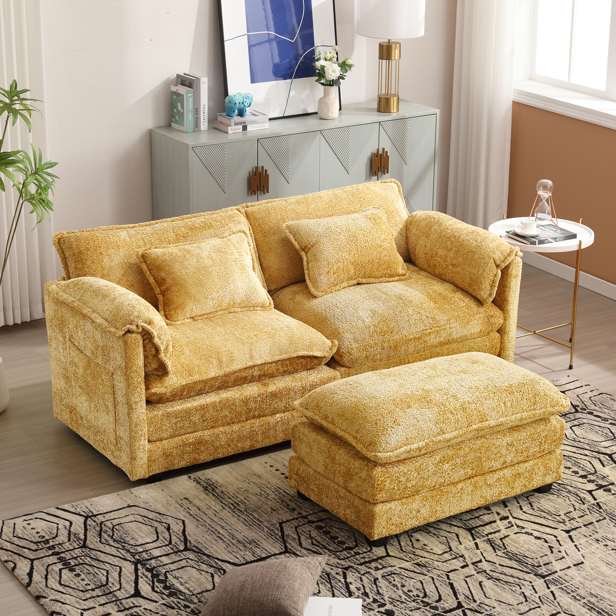 LVHOM Ecksofa L Form, 2 Sitzer Sofa mit Ottoman, Sofagarnitur Wohnlandschaft, Boucle Couch Sofa Couchgarnitur Eckgarnitur, 195x81x129 cm, Gelb NHFSN-1050YE