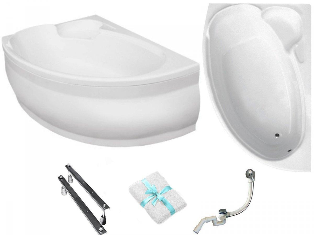 Aqua For You | Besco Badewanne - 155x95 Cm - Antibakterielle Verkleidung - Trapezform - Chrom Siphon - mit Verkleidung - mit Beinen