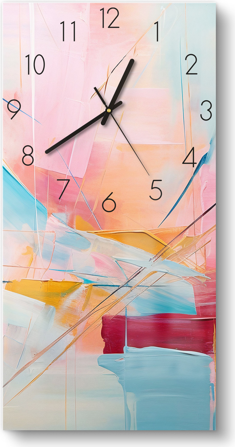 DEQORI Glasuhr 30x60 cm Zahlen 'Choreografie der Farben' Wanduhr Glas Uhr Design leise Küchenuhr WC-30-60-N-3726