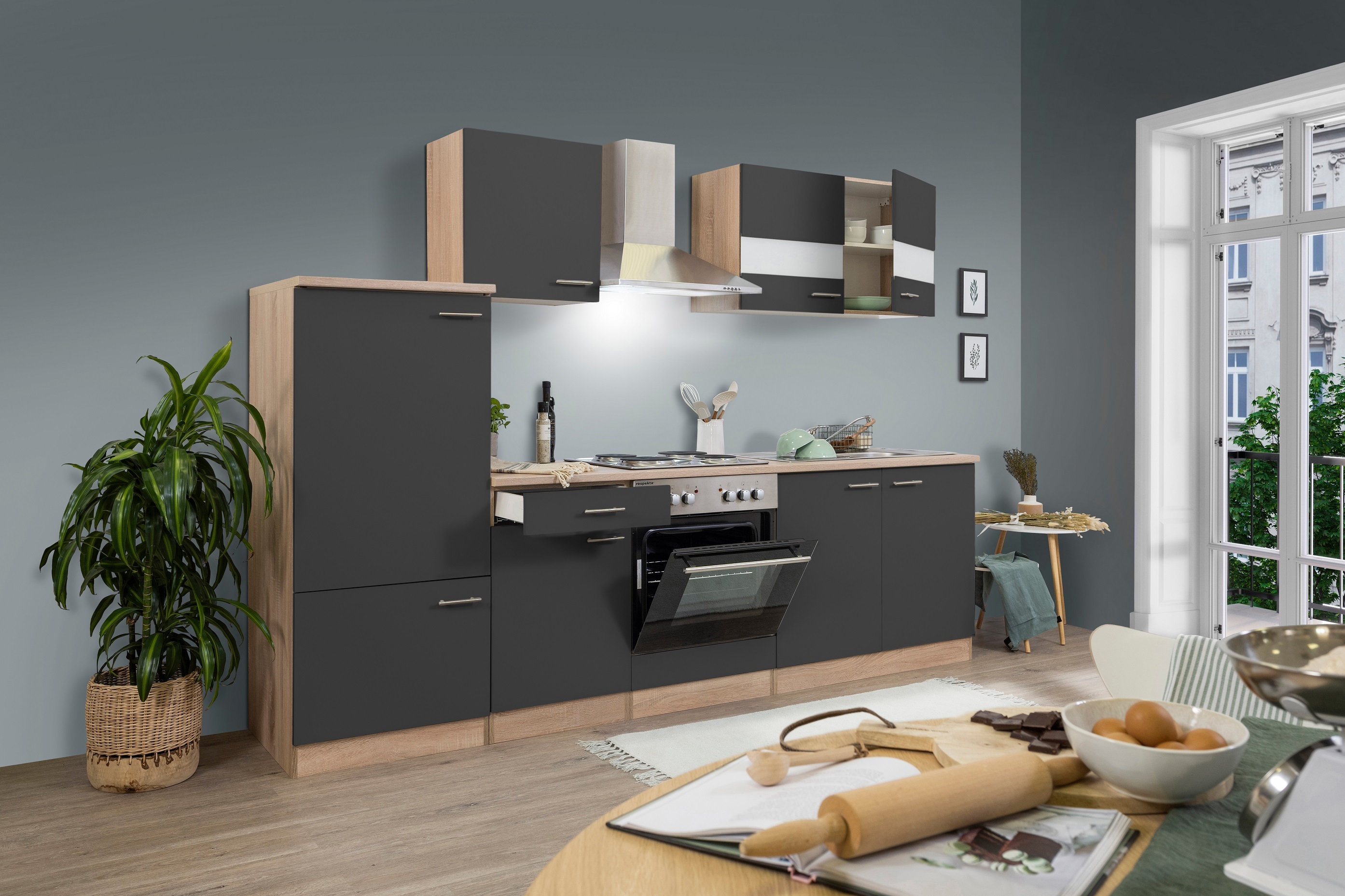 Küche Küchenzeile Küchenblock Einbauküche Eiche Grau Merle 270 cm Respekta KB270ESG