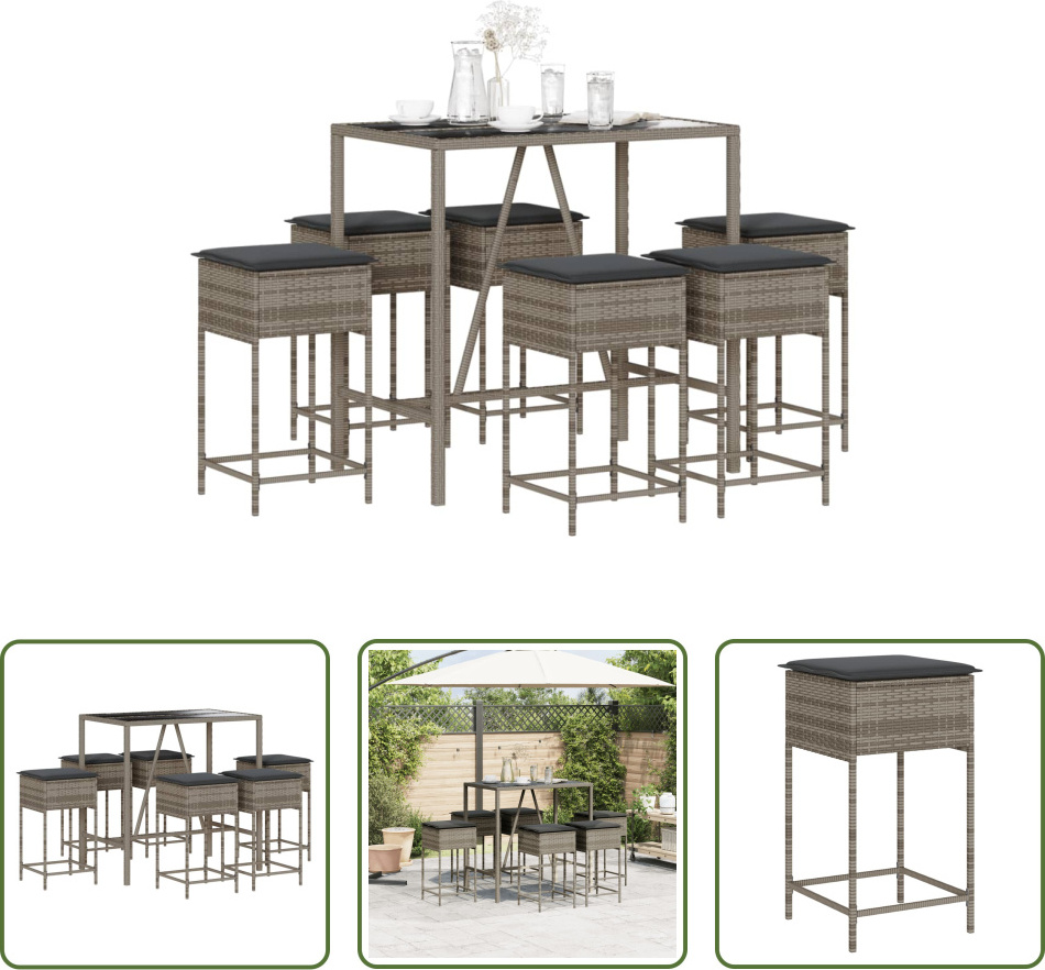 The Living Store 7-dielny záhradný barový set s vankúšmi sivý polyratan