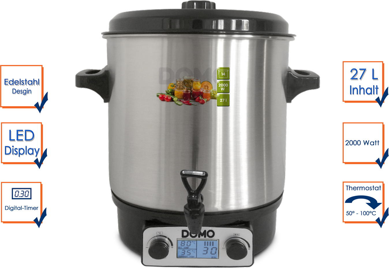 Domo DO42325PC - 27 l - 30 °C - 100 °C - Schwarz - Edelstahl - LCD - 2000 W