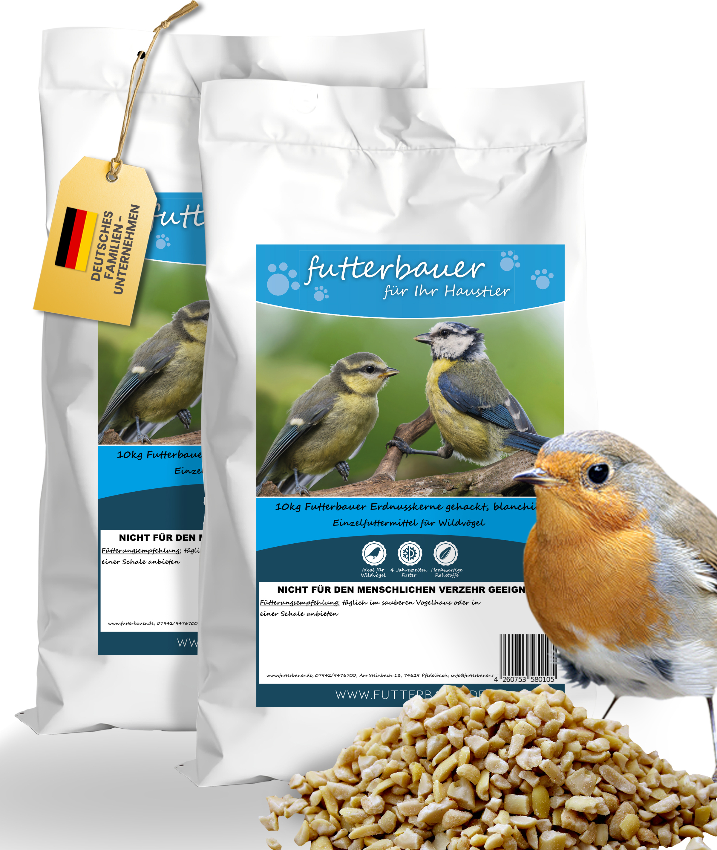 Futterbauer 2 x 10 kg Erdnusskerne weiss blanchiert gehackt Erdnüsse ohne Haut Erdnussbruch