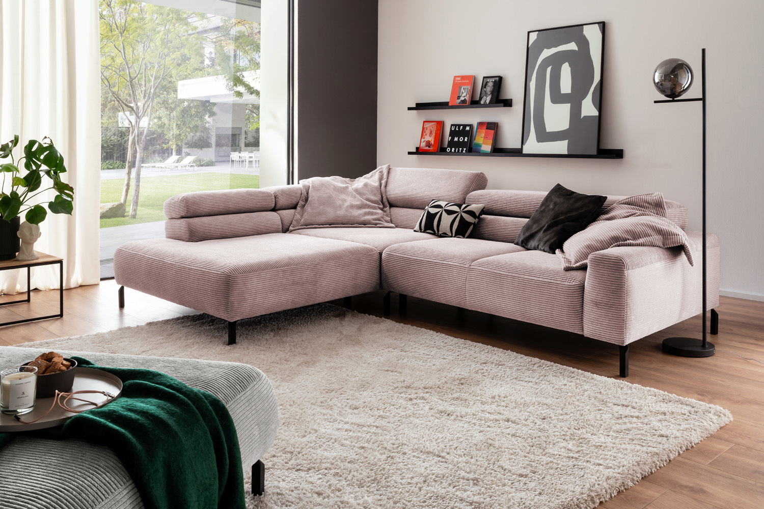 KAWOLA Sofa DELIA Ecksofa Cord rosa mit motorischem Sitzvorzug Recamiere links