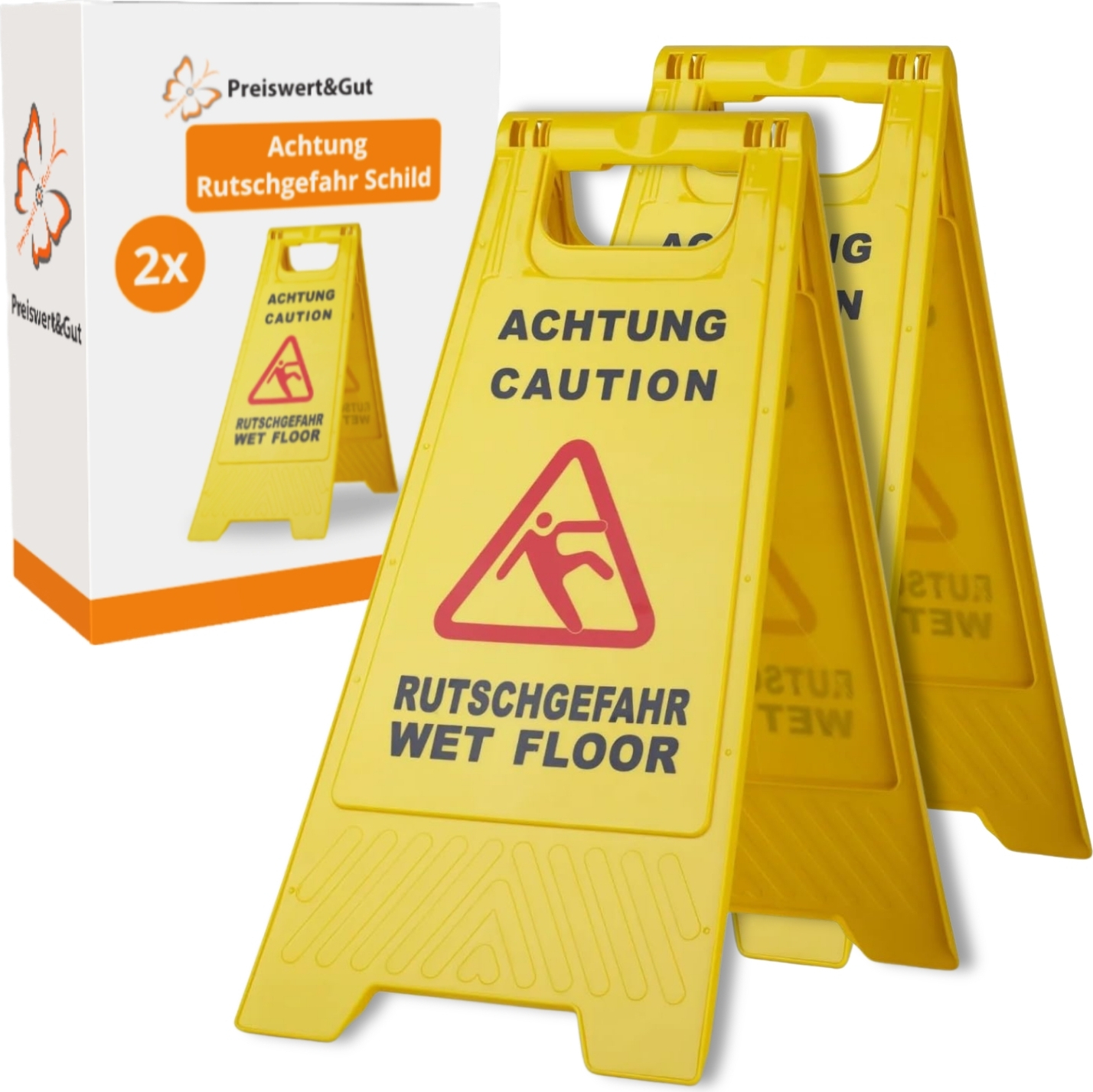 Preiswert & Gut 2 x Achtung Rutschgefahr Schild 60 cm x 21/30 cm – Warnschild für Nässe und Glätte Vorsicht Rutschgefahr Aufsteller 770462
