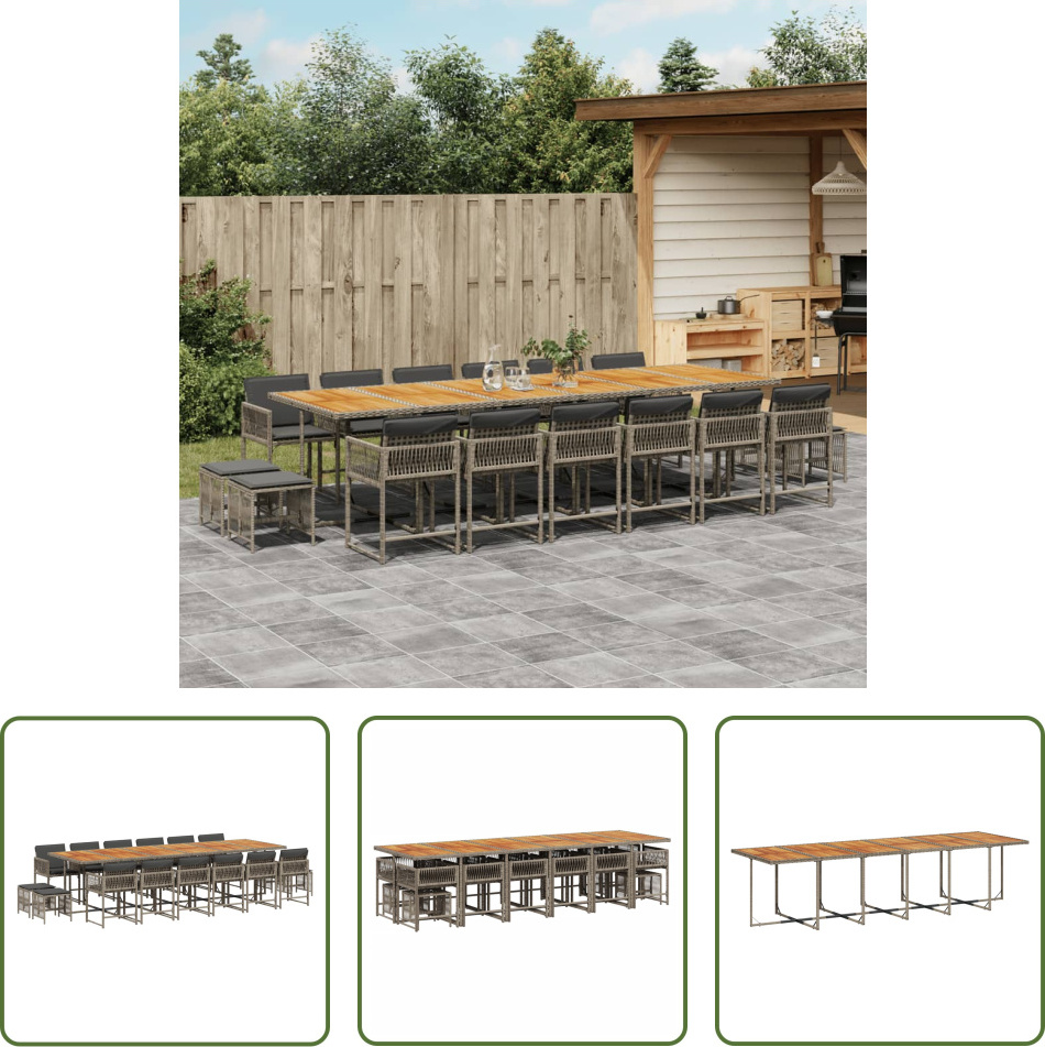 The Living Store 17-dielny záhradný jedálenský set s vankúšmi sivý polyratan