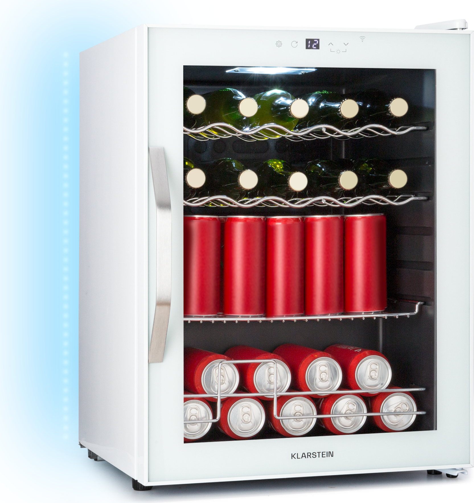 Klarstein Coachella 60 Getränkekühlschrank - 60 L Getränkekühler mit WLAN, Glastür, LED-Innenbeleuchtung, 3-18 °C, 7 Lichtfarben, 3 Metallablagen, E, Weiß HEA-Coachella 60-whE