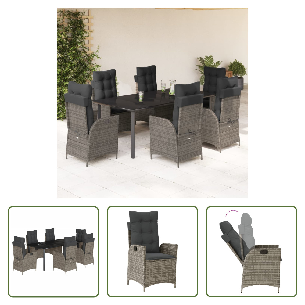 The Living Store 7-dielny záhradný jedálenský set s vankúšmi sivý polyratan