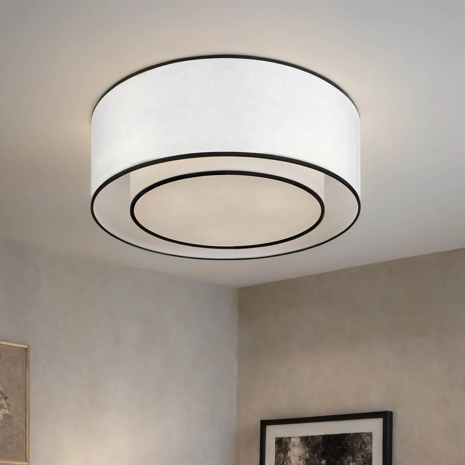 Deckenlampe Metall Stoff E27 rund D: 52 cm Weiß Schwarz 3-flammig Modern